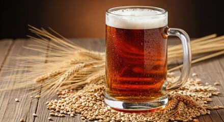Refreshing amber beer in a glass mug with frothy head, surrounded by golden wheat grains and stalks on a rustic wooden table, symbolizing brewing and harvest.