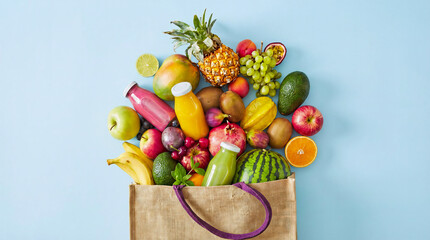 Healthy grocery delivery concept featuring variety of organic fruits and juices in reusable bag.