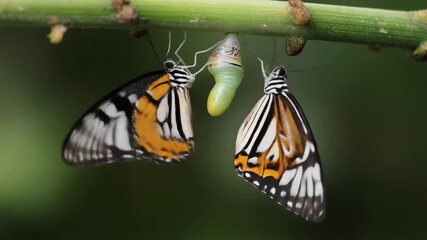 Two patterned butterflies and a green chrysalis hanging from a branch in a natural setting. - Powered by Adobe
