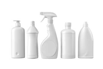 Five white plastic bottles for cleaning products and liquids image, Isolated On Transparent Background, Png Cut Out