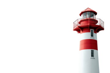 Red and white striped lighthouse with glass lantern room and railing tower maritime, Isolated On Transparent Background, Png Cut Out
