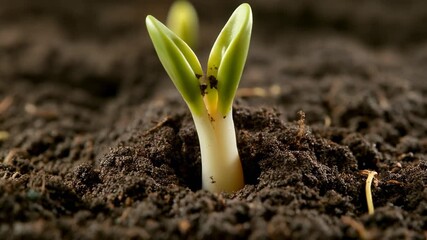 A vibrant green plant sprout pushing through dark, fertile soil, symbolizing new life and growth in nature.