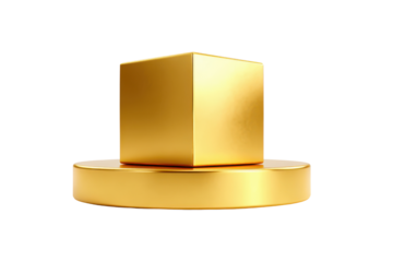 Golden cube resting on a circular golden pedestal against black background cuboid geometric, Isolated On Transparent Background, Png Cut Out