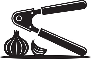 Garlic press shows with clove of garlic and bulb kitchen tool vector