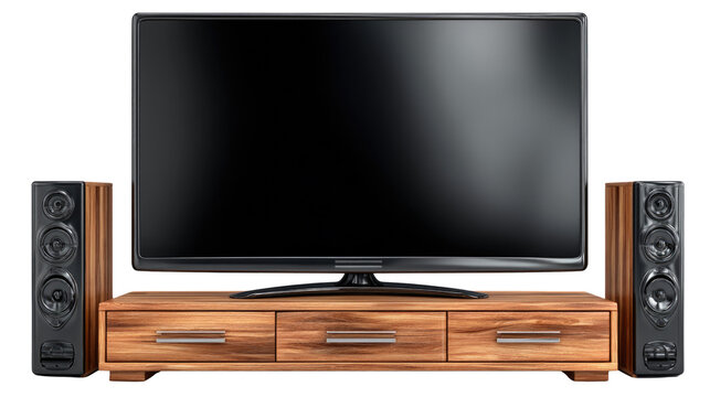 Modern television stand with sleek black TV and stylish wooden cabinet featuring compact audio speakers on each side