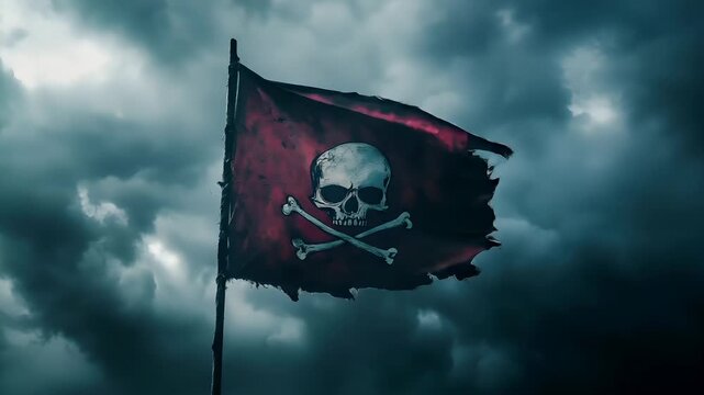 Halloween holiday promotion theme. Spooky scaring. A pirate flag with a skull and crossbones design on it, set against a stormy sky. The flag is red with a white skull in the center.