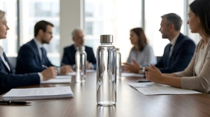 1. Modern corporate meeting in bright executive boardroom with focus on glass water bottle as business professionals discuss strategic decisions
