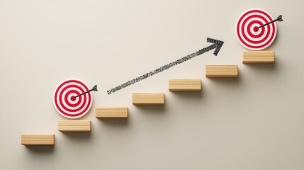 Business growth concept with wooden stairs and arrow pointing up to target, Progress and improvement concept, moving from start to finish line