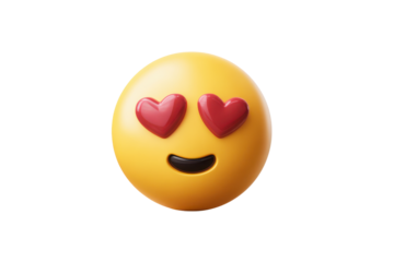 Yellow emoji face with red heart eyes and smiling mouth on black background image, Isolated On Transparent Background, Png Cut Out