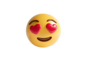 Yellow emoji face with red heart eyes and smiling mouth on black background image 1, Isolated On Transparent Background, Png Cut Out
