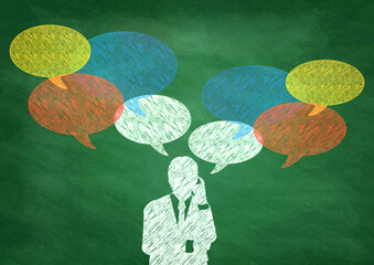 手描きチョーク風の吹き出しと考えるビジネスパーソンのイラスト