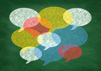 手描き風のカラフルな吹き出しと黒板背景のコミュニケーションイラスト