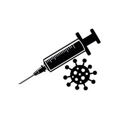 COVID 19 Vaccine Syringe and Virus Icon Black and White.
