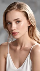 Fototapeta premium Beautiful young woman with long blonde hair and blue eyes looking directly at the camera.