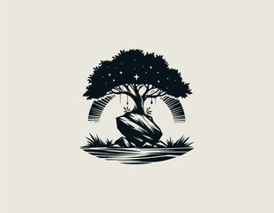 A Rock Under The Tree black vector logo illustration