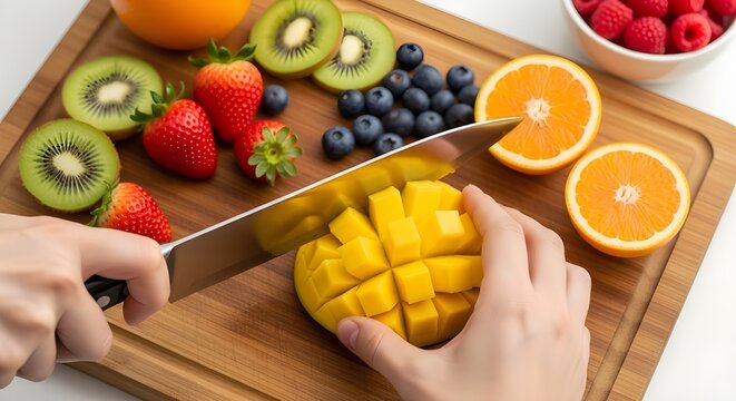 Fresh Assorted Fruits Neatly Arranged on Cutting Board for Healthy Food Preparation - Powered by Adobe