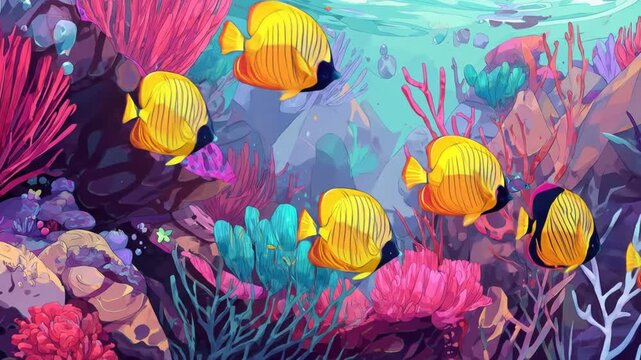 Colorful underwater scene featuring vibrant coral and swimming fish artwork