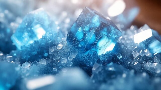 Close-up of sparkling blue crystals on a shimmering surface, showcasing natural beauty