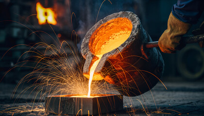 Molten Metal Pouring From Crucible Into Mold In Foundry.
