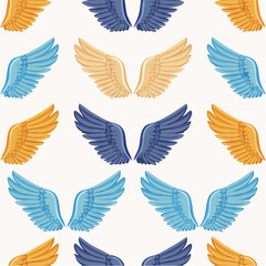 Obraz premium Seamless Angel Wings Pattern Blue Gold Feather Background for Flight Freedom Concepts.