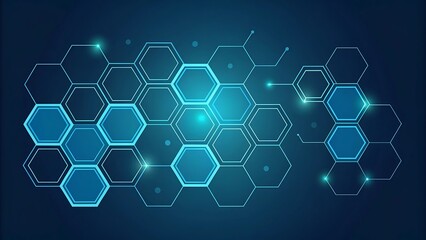 Abstract technology background with hexagonal shapes connecting with lines and glowing dots creating futuristic network design on dark blue