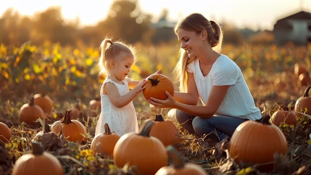 A woman and a young girl in a pumpkin patch during the golden hour, with the sun casting a warm glow over the scene.