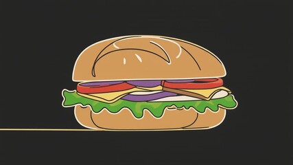 Animated Hamburger With Fresh Ingredients Against Dark Background - Powered by Adobe