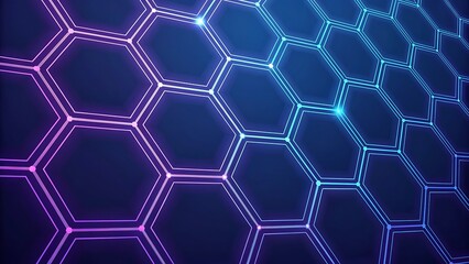 Abstract technology background with an illuminated hexagonal grid in vibrant blue and purple colors showcasing a data network