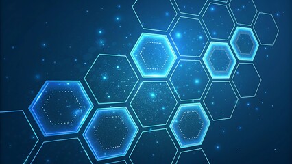 Abstract technology background with glowing hexagonal shapes and interconnected lines, representing digital network and data flow concept