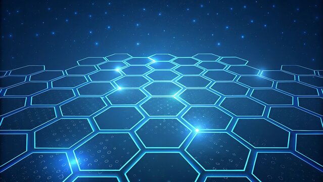 Abstract glowing hexagonal grid extending into distance representing futuristic digital landscape and advanced technology platform - Powered by Adobe