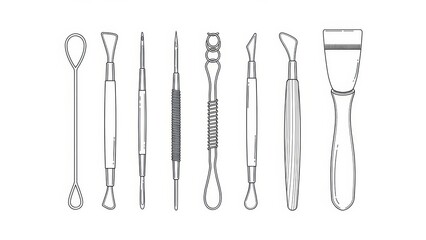 Detailed line art illustration showcasing diverse pottery and sculpting tools for craft projects