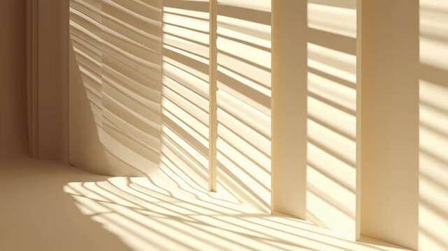 Warm Sunlight Streaming Through Window Blinds Creating Beautiful Geometric Shadows on Wall and Floor
