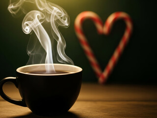 A dark mug of hot steaming coffee or hot chocolate with a candy cane heart in the background, conveying warmth, love, and holiday cheer