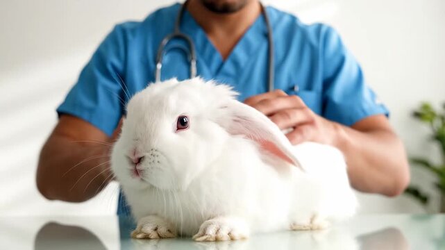 Veterinarian Examining a White Lop-Eared Rabbit on a Table in a Clinic.