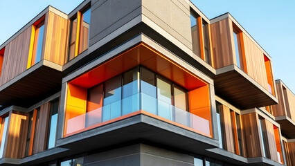 Contemporary building with wood panels and orange balconies architecture exterior