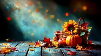 A vivid autumnal scene featuring a sunflower, pumpkins, and corn on a wooden surface. The sunflower is the central focus.