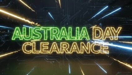 Dynamic neon kinetic typography announces massive Australia Day Clearance sale with vibrant green and gold glow effects - Powered by Adobe