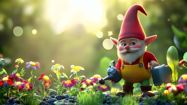 3D garden gnome with watering can in garden setting.
