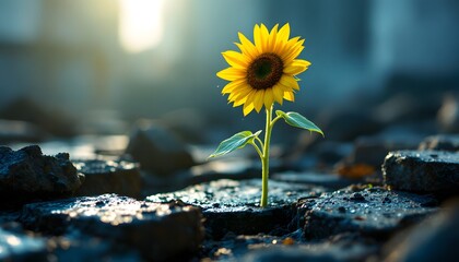 Resilient Sunflower Blooms Through Concrete in Warm Morning Light