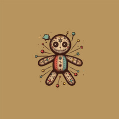 A logo featuring a stylized voodoo doll with stitched details and button eyes, giving it a quirky, mystical, and slightly eerie character