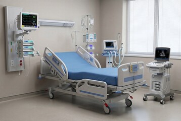 A modern hospital ICU with empty adjustable bed, monitors, ventilator, IV stand, and ultrasound machine highlighting advanced healthcare technology.