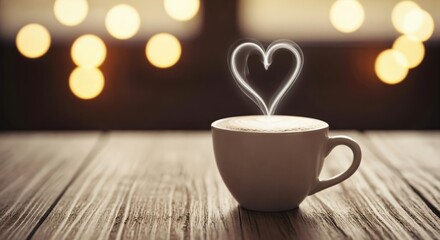 Warm coffee cup with heart-shaped steam on a rustic wooden table, illuminated by soft bokeh lights, symbolizing love, comfort, and a cozy morning.
