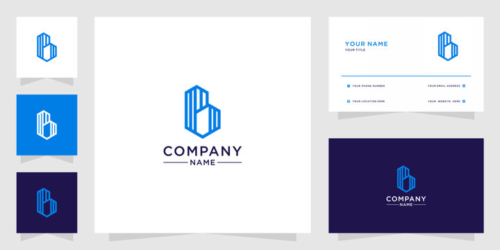 high rise building letter b logo design and business card template