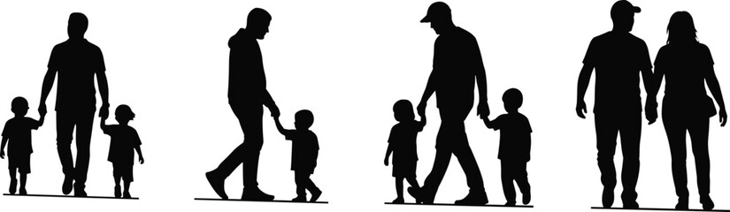 Father's Day, Family Walk, Silhouette of Parent and Two Children Holding Hands, Loving Dad Guiding Kids, Safety and Childhood Adventure, Black Vector Cutout on White Background, 