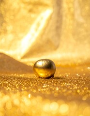 Obraz premium Golden Sphere on Glittering Surface with Radiant Background.