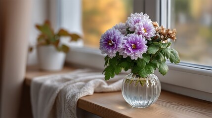 A Beautiful Vase of Flowers Illuminated by Sunlight on a Cozy Window Sill: A Daily Life Narrative