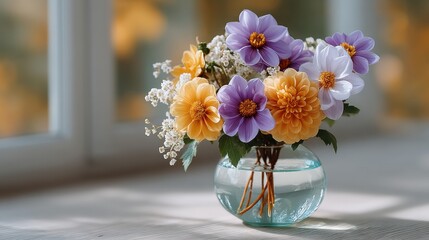 A Serene Moment: Arranging a Beautiful Vase of Flowers Bathed in Sunlight with Delicate Peace for Everyday Life