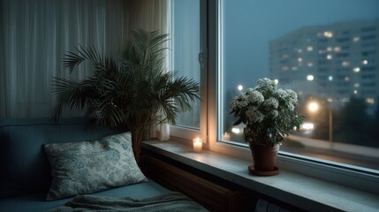 A Heartwarming Daily Life Series Featuring a Potted Plant Observing the Vibrant Night City Lights Through a Window Reflection