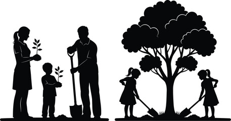 Happy family mother father children planting small seedling tree together in summer park silhouette vector graphic design concept, environmental conservation and world earth day activity.