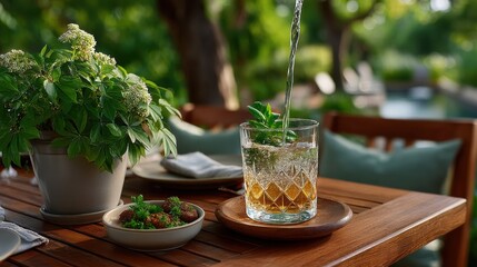 A Harmonious Table Setting Captured in Natural Light with a Glass of Water and a Plate of Delicious Food